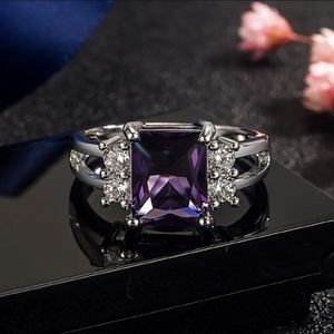 NEW silver tone alloy purple rectangular zircon w/two small zircons on sides